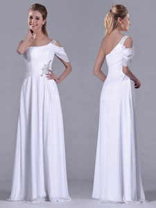 Fashionable Empire One Shoulder Beaded White Long White Bridesmaid Dress