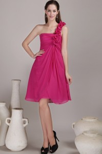 Hot Pink Empire One Shoulder Knee-length Chiffon Hand Flowers Bridesmaid Dress