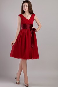 Wine Red Empire V-neck Knee-length Chiffon Sash Bridesmaid Dress