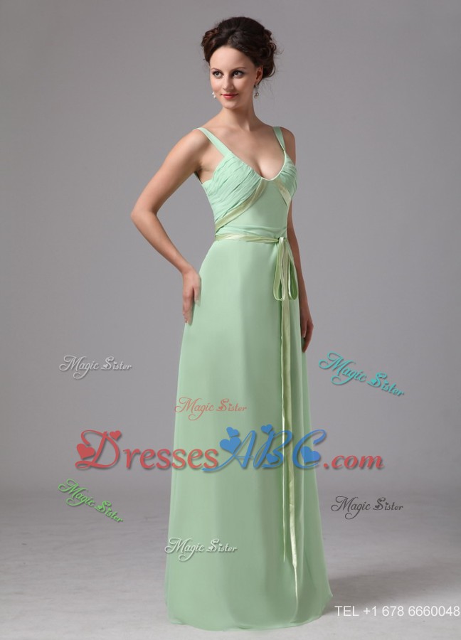 Apple Green Sash V-neck Straps Chiffon Bridesmaid Dress For Custom Made In Bainbridge Georgia