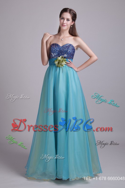 Baby Blue Princess Sweetheart Floor-length Organza Handle-made Flower Evening Dress