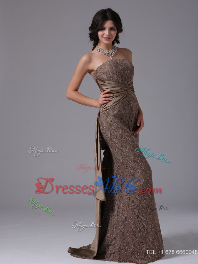 Lace Mermaid Strapless and Watteau Train For Modest Prom Dress
