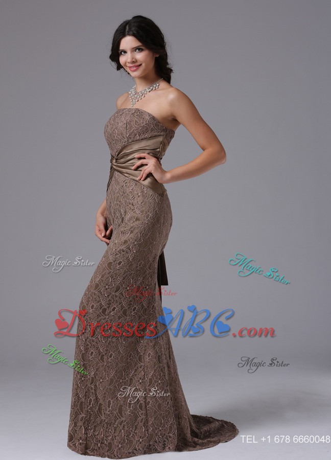 Lace Mermaid Strapless and Watteau Train For Modest Prom Dress