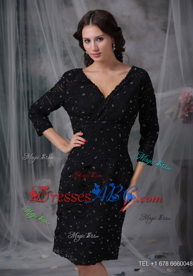 Black Column V-neck Knee-length 3/4 Sleeves Special Fabric Mother of the Bride Dress