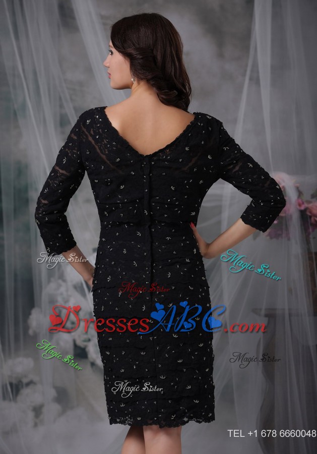 Black Column V-neck Knee-length 3/4 Sleeves Special Fabric Mother of the Bride Dress